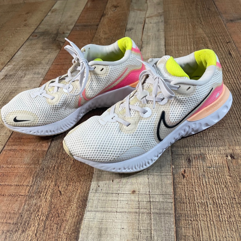 Nike Renew Run Womens 9.5 White Pink Lime Green Blast Running Shoes CK6360-005